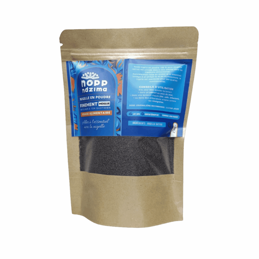 Nigelle en poudre Nopp Ndzima, issue de Nigella sativa, finement moulue pour un usage alimentaire quotidien